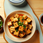 金黃香煎板豆腐淋上濃郁醬香，搭配翠綠蔥花