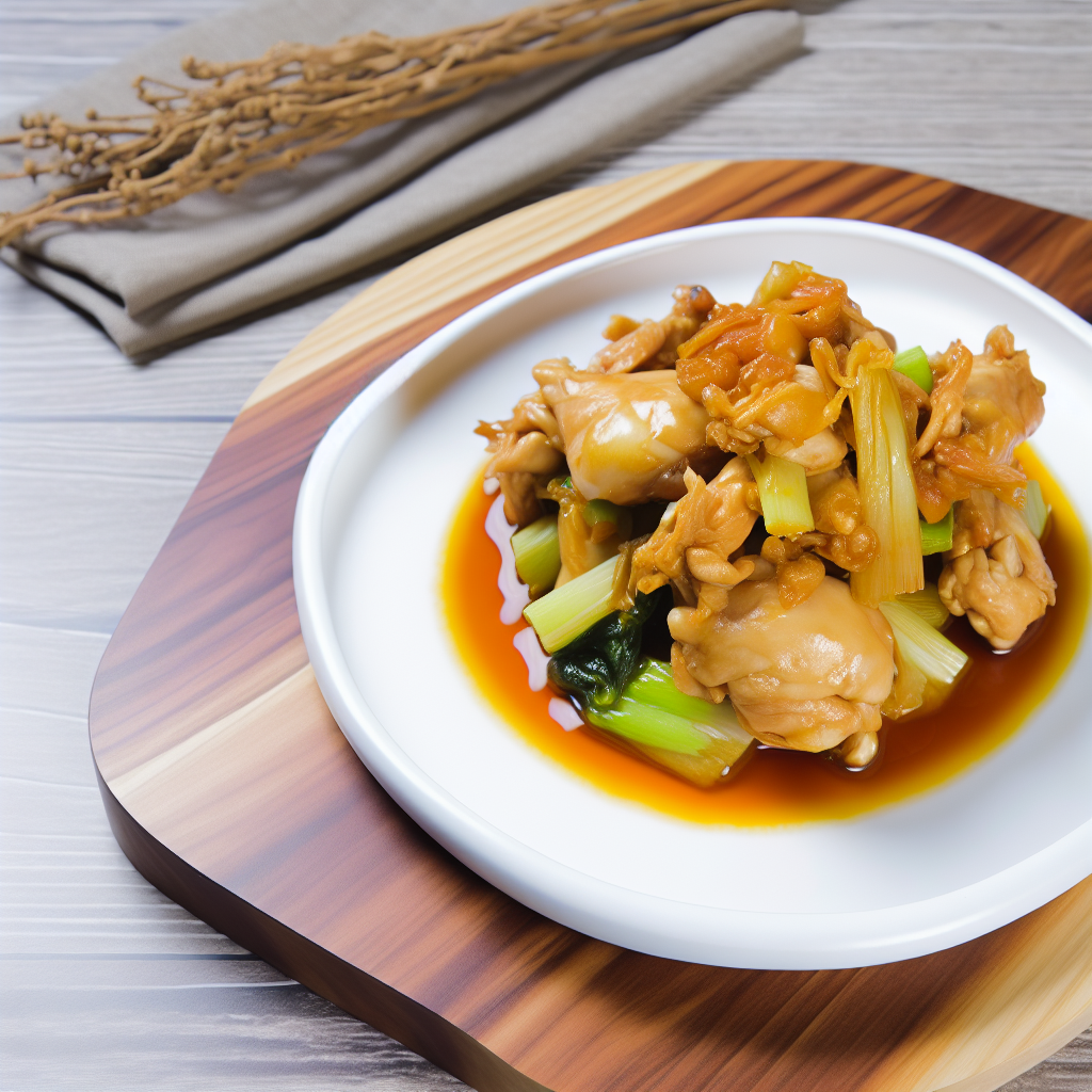 金黃誘人的姜絲雞腿肉搭配翠綠蔥花